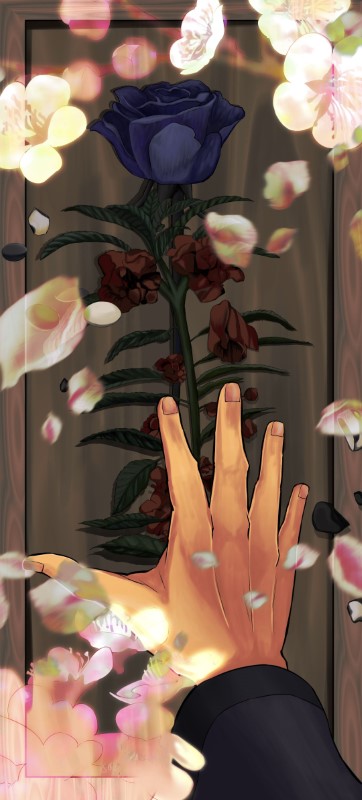枯れかけの鳳仙花に手を伸ばす羅漢