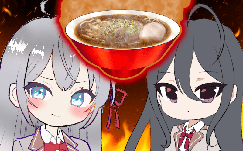 激辛ラーメンに挑むアーリャと綾乃