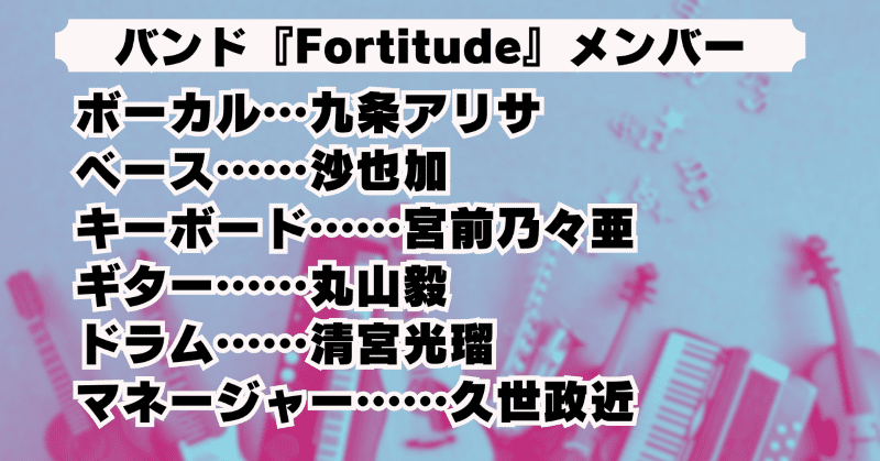 バンド『Fortitude』メンバー
ボーカル……九条アリサ
ベース……沙也加
キーボード……宮前乃々亜
ギター……丸山毅
ドラム……清宮光瑠
マネージャー……久世政近