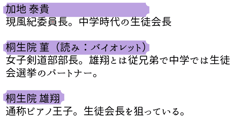 関連人物まとめ
加地泰貴
現風紀委員長。中学時代の生徒会長。
桐生院菫（読み：バイオレット）
女子剣道部部長。雄翔とは従兄弟で、中学では生徒会選挙のパートナー
桐生院雄翔
通称ピアノ王子。生徒会長を狙っている。