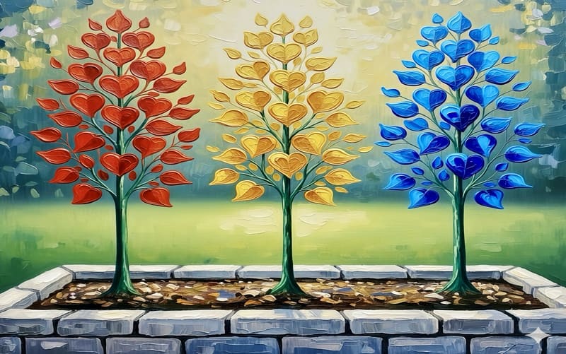 左から、ガレ赤葉、ガレ金葉、ガレ青葉イメージ