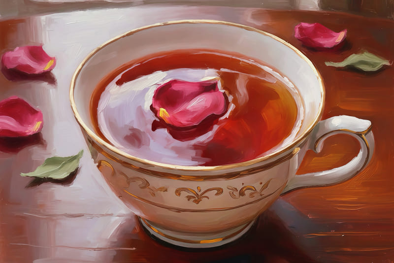 大聖女の薔薇の花弁が浮かんだ紅茶