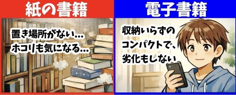 髪と比べた電子書籍のメリット
→収納いらずのコンパクトで、劣化もしない。