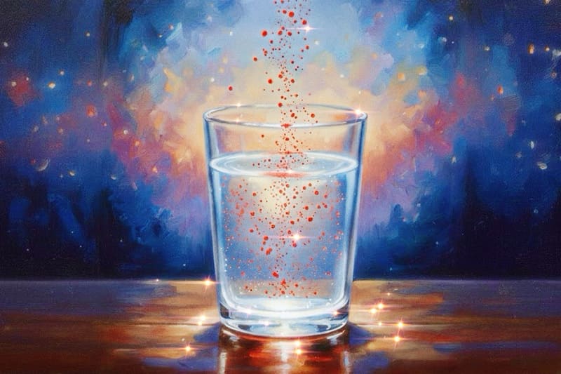 特効薬のイラスト。
グラスの中で、きらきらとした光が立ち上り、そこに赤い色が混じっている。