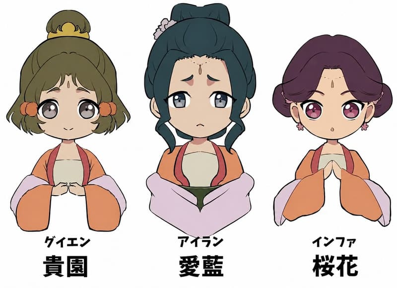左からグイエン、アイラン、インファのイラスト。