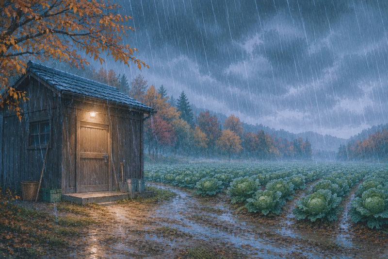土砂降りのキャベツ畑と小屋