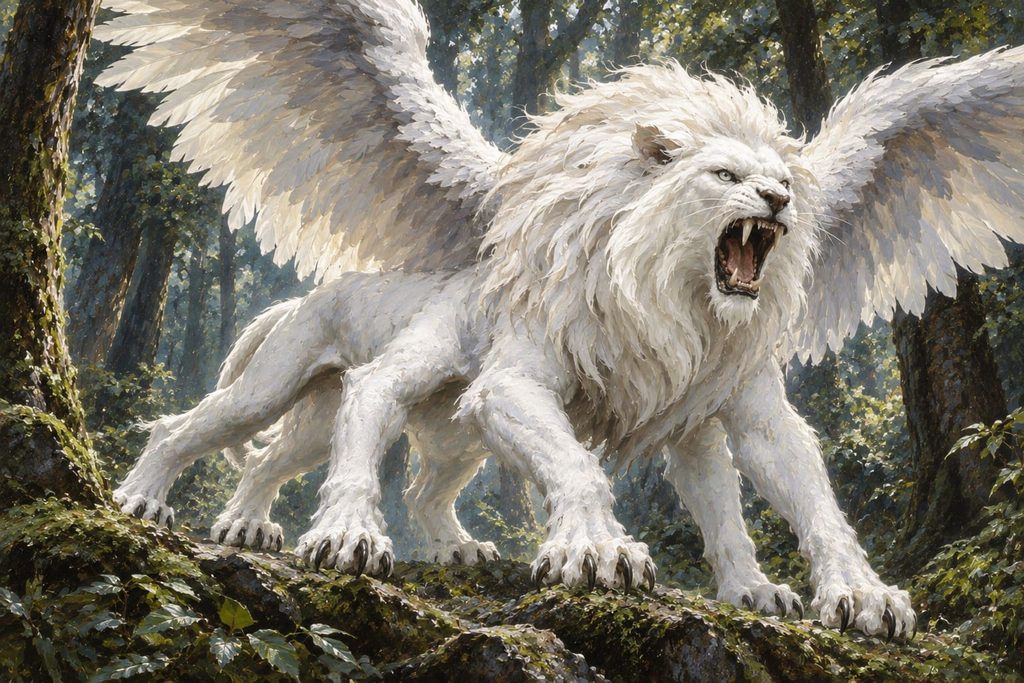 変異種の異質同体の魔物(キマイラ)。 獅子の体に鷲の翼を持つ恐ろしい魔物。足の数が通常より2本多い6本で白色だった。